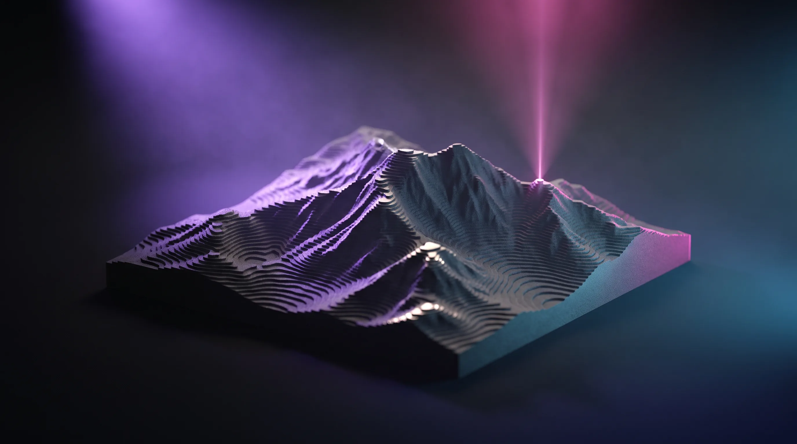 Contour model of a mountain with a magenta beacon rising from one peak