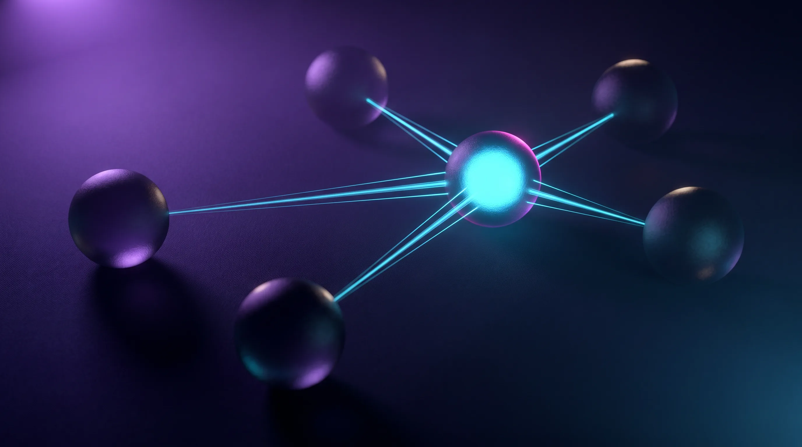 Dark spheres linked by bright cyan signal lines around one lit node