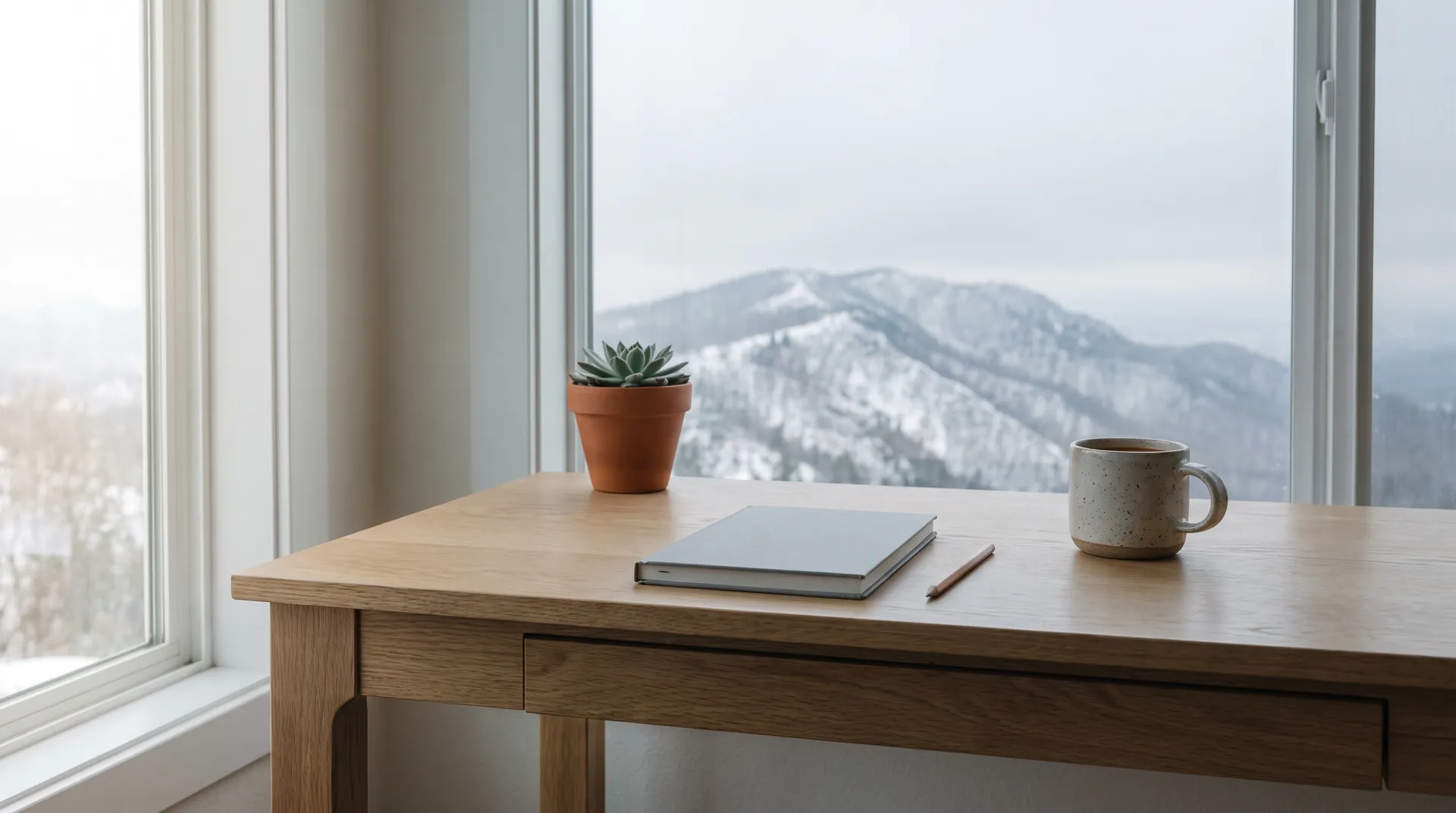 A light oak desk by a window with a notebook, a pencil, a potted succulent and a mug, a snowy ridge beyond the glass