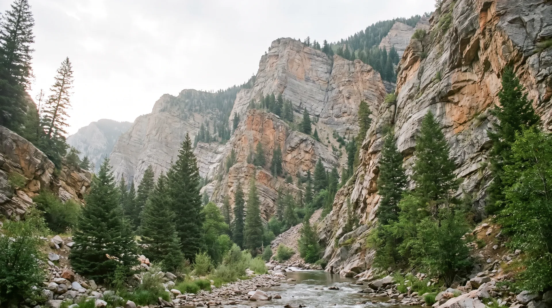 Quartzite canyon walls above a clear creek in Big Cottonwood Canyon