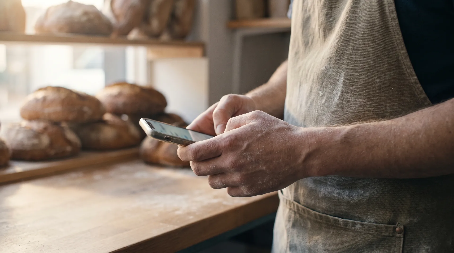 A baker in a flour-dusted apron holding a phone at the counter, loaves of bread on the shelves behind