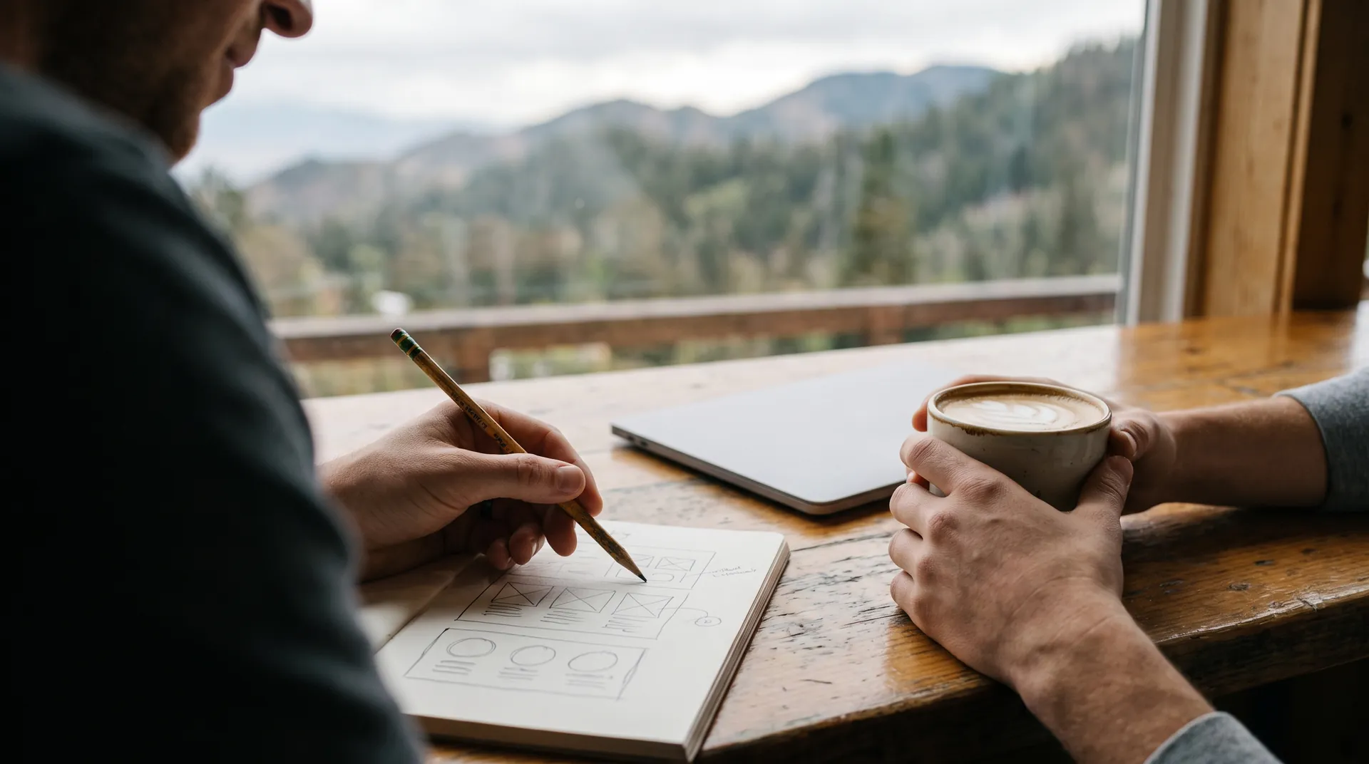 Two people's hands planning a web page sketch on paper at a desk