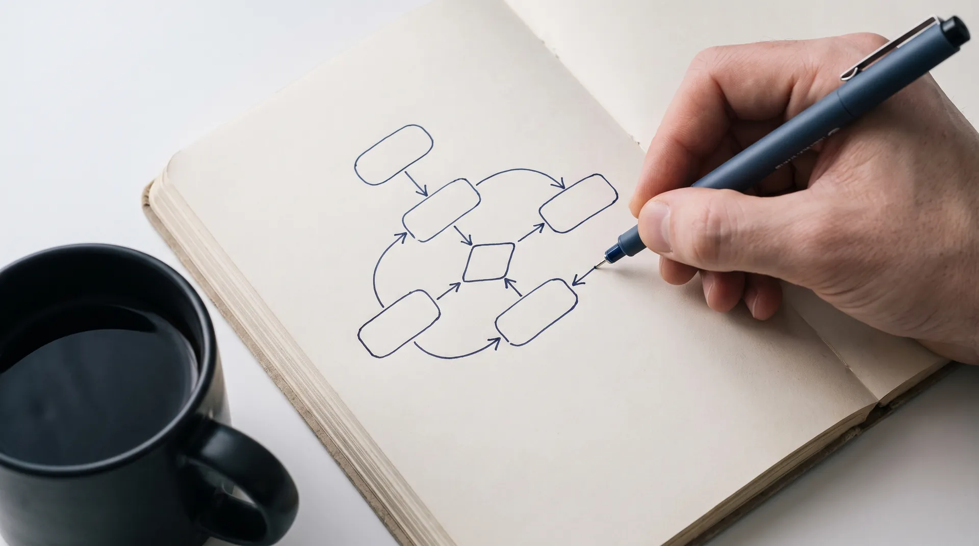 A hand drawing a flow chart of boxes and arrows in a notebook beside a black coffee mug