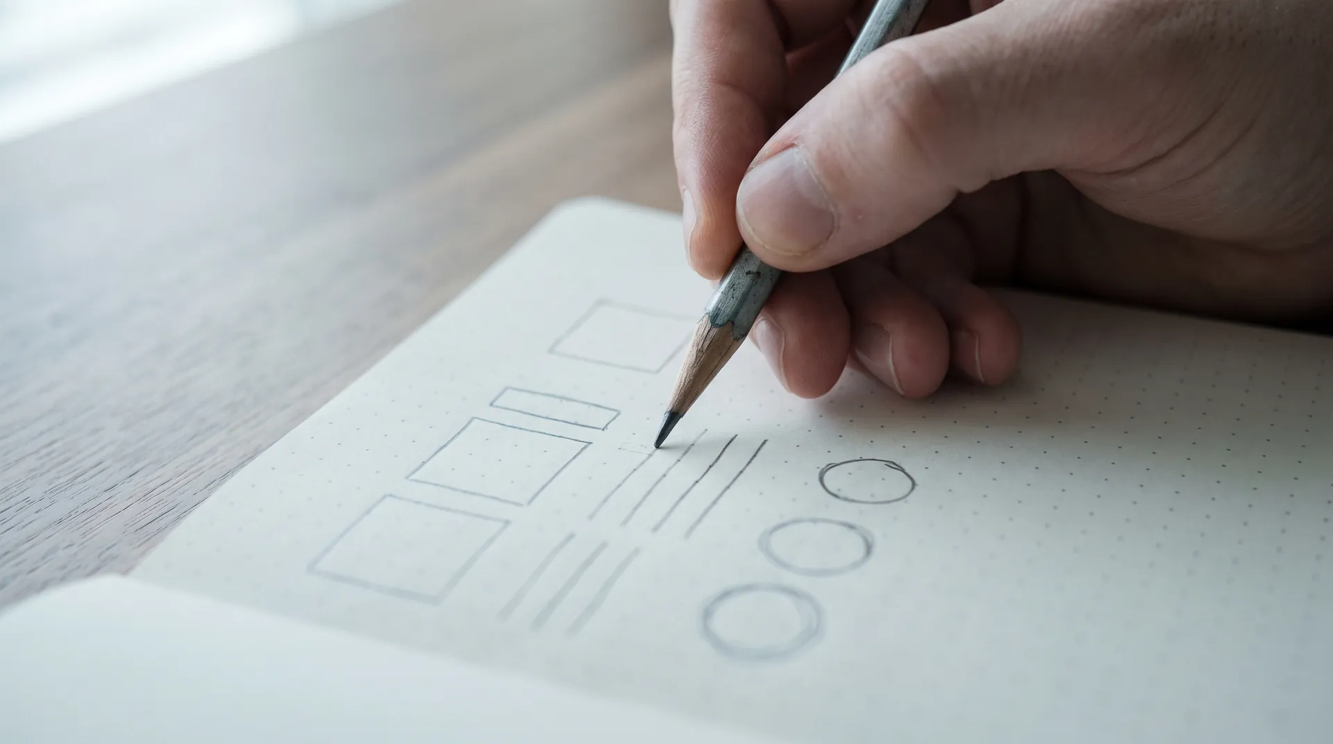 A hand sketching website layout boxes into a dotted notebook