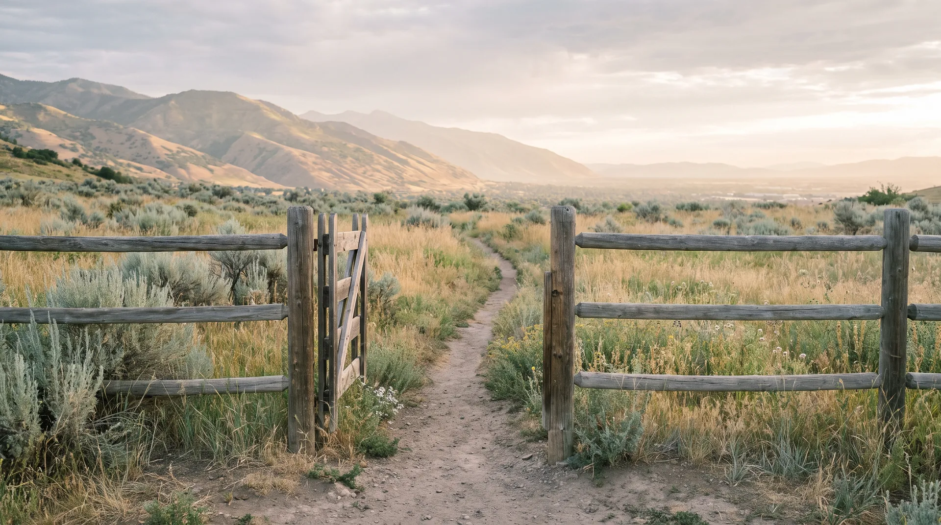 An open wooden gate on a dirt trail through sagebrush, foothills beyond