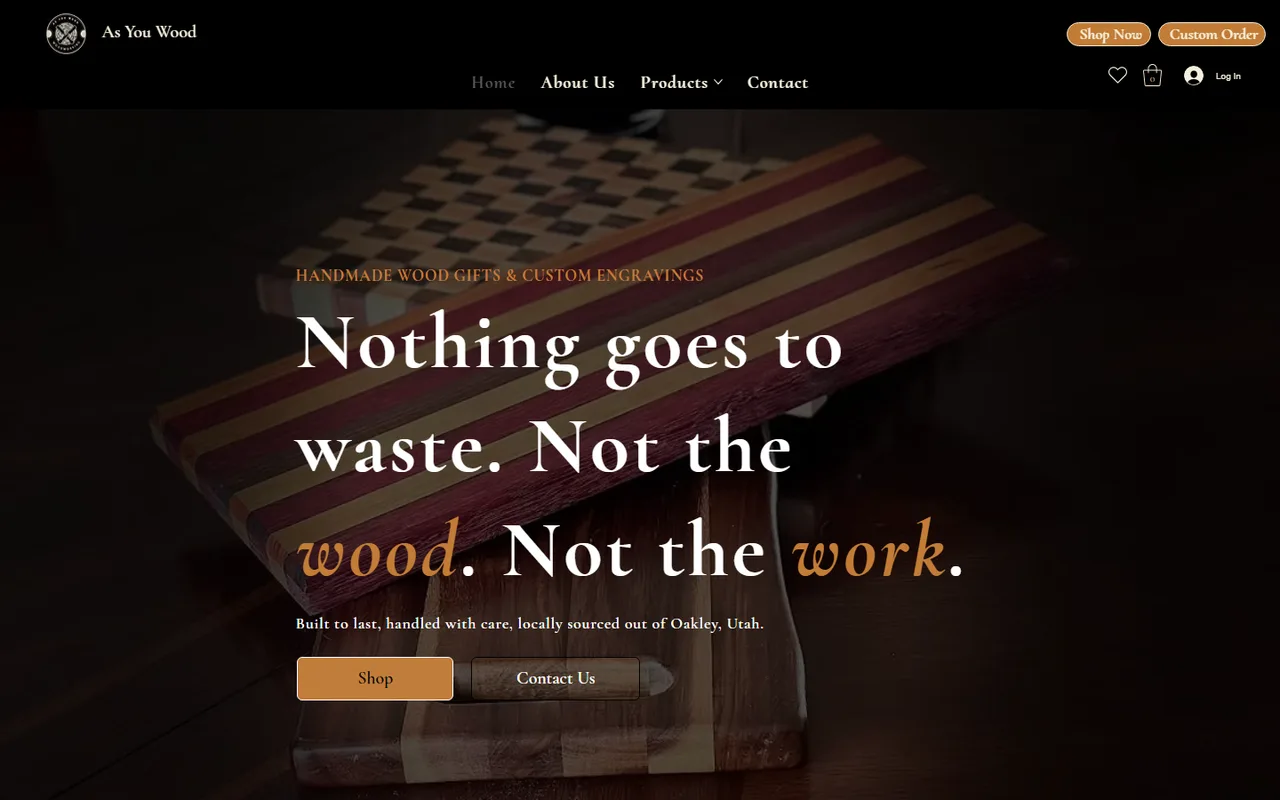 Home page of As You Wood, a Utah maker of handmade wood gifts, showing a checkerboard cutting board under the headline Nothing goes to waste