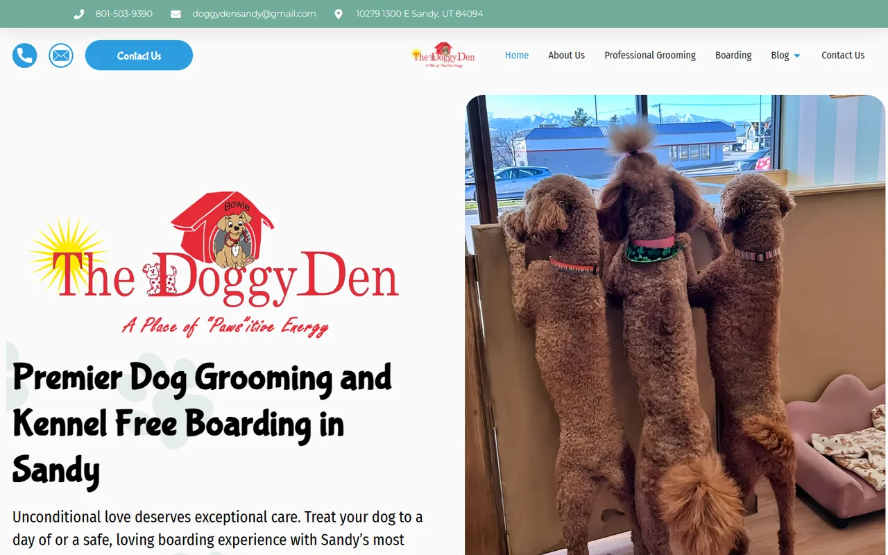 Home page of The Doggy Den, a Sandy, Utah grooming and boarding business, showing three groomed poodles at a window